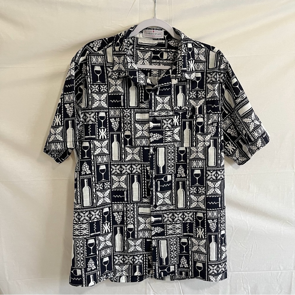 CHRIS’S STUFF Button Down Short Sleeve Wine Themed Shirt Black Size Large